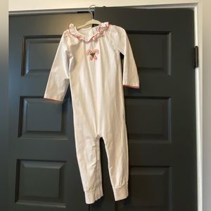 NWT Christmas outfit. White with candy cane embroidery, ruffle collar.
